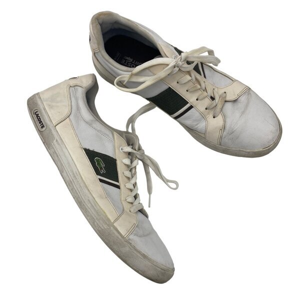 LACOSTE Europa Twd Leather Lace Sneakers Mens Sz 13‎ White Green Luxury Preppy - Picture 1 of 6